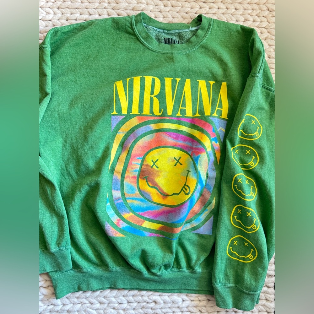 Urban Outfitters Nirvana Rock Band Smiley Face Green Oversized Sweatshirt